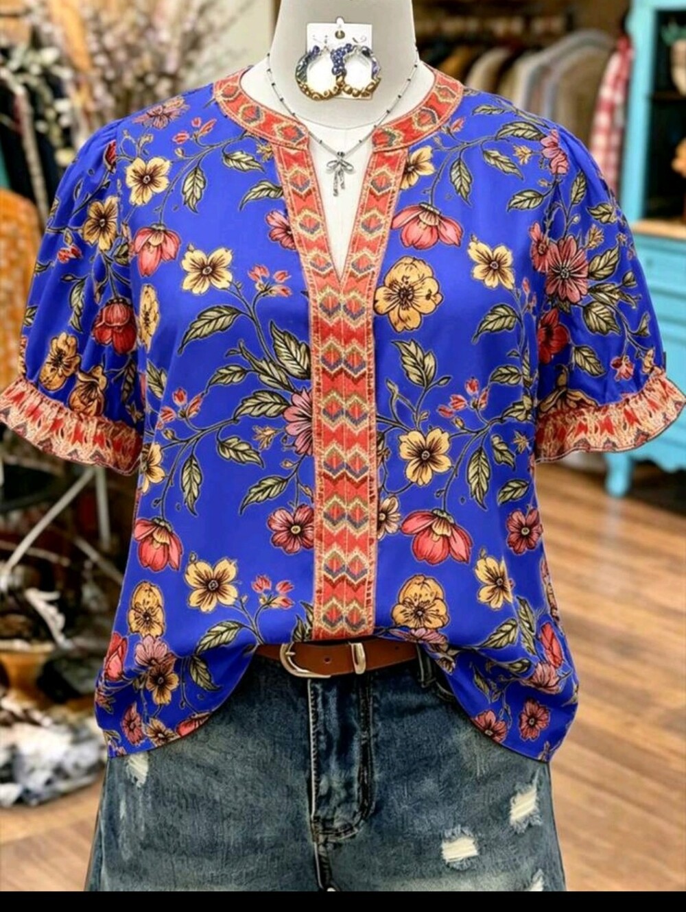 BRAND NEW ** Boho Floral V-Neck Blouse in Royal Blue